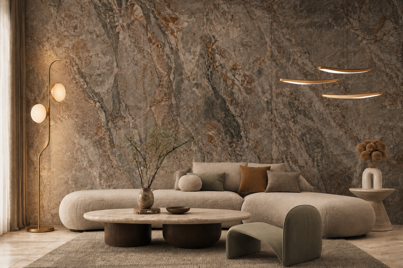 Stone feature wall and tables creating a coordinated living space
